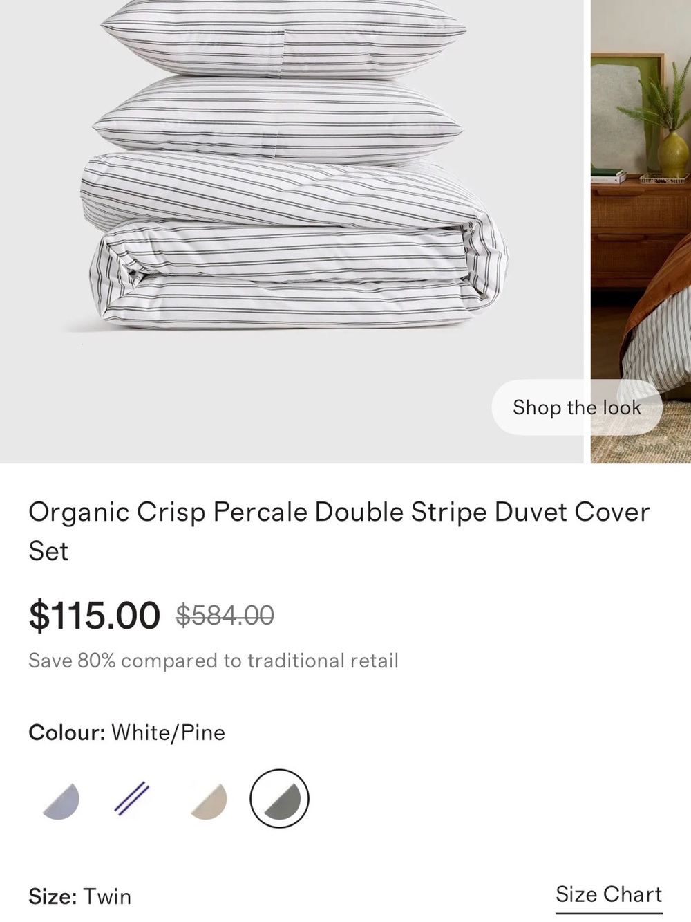 Quince White and Pine Thin Stripe Percale Duvet Cover